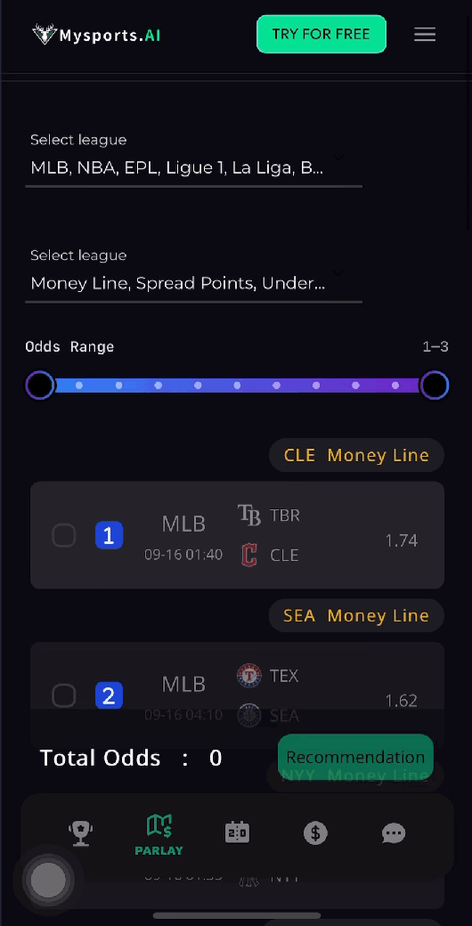 Mysports.AI 的串关功能。