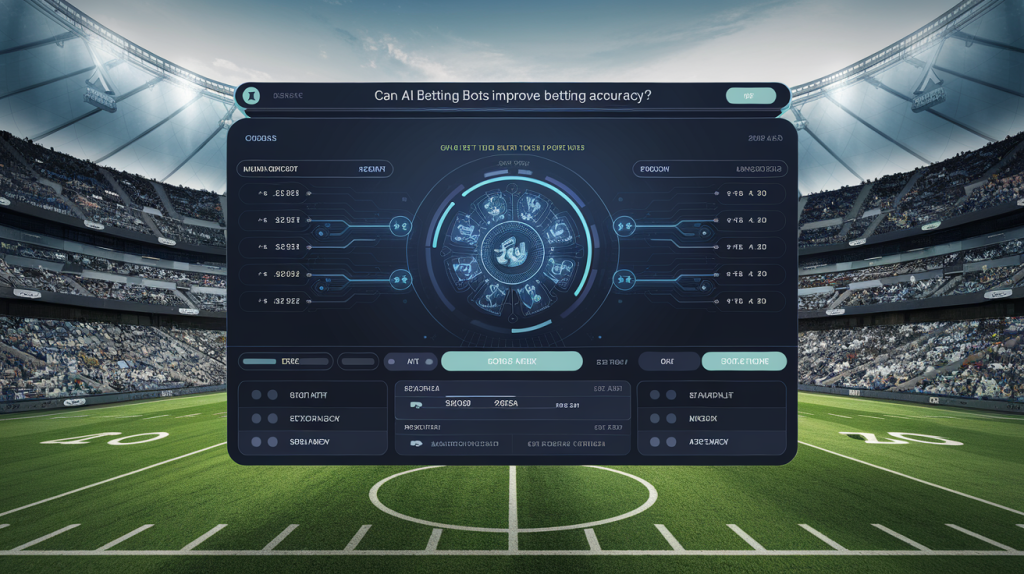 An image of a futuristic betting platform with a screen displaying odds and AI-generated predictions.